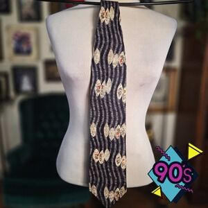 Structure Silk Tie Vintage 90s Wavy Stripe Floral Medallion Geometric Mens Black